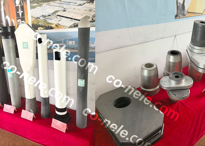 Long nozzle, integral stopper, submerged nozzle for continuous casting of refractory prefabricated parts